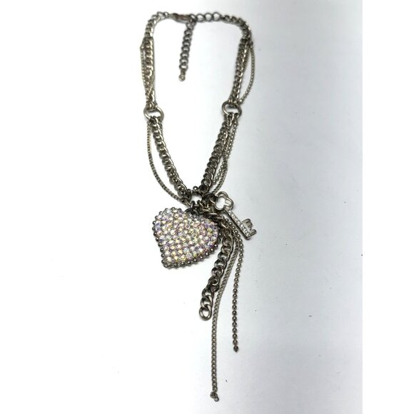 Rhinestone heart silver chain key charm necklace - Picture 1 of 4